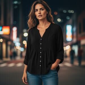 Maeve Black Pintuck Button Front Blouse Women’s Size 12 Boho Chic Top